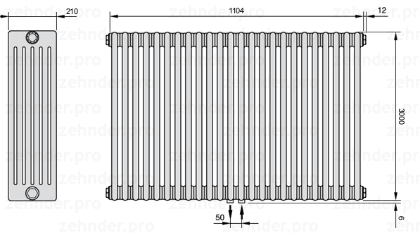 Схема (чертеж) Радиатор Zehnder Charleston 6300/24 №5410 Белый глянцевый RAL 9016